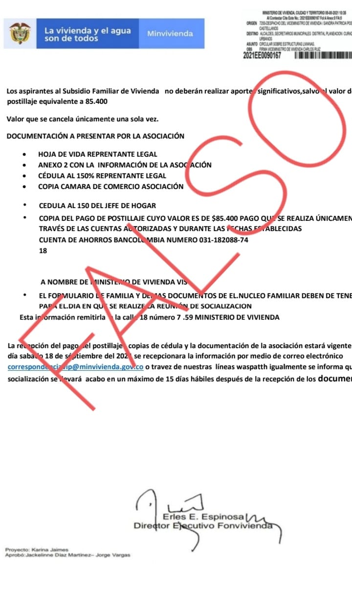 Documento falsificado para estafar a los interesados en aplicar a los subsidios de vivienda (MVCT)